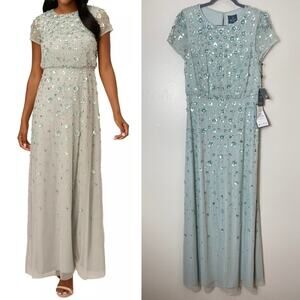 ADRIANNA PAPELL MOTHER OF THE BRIDE DRESS FORMAL LONG GREEN FLORAL SEQUIN BEADED